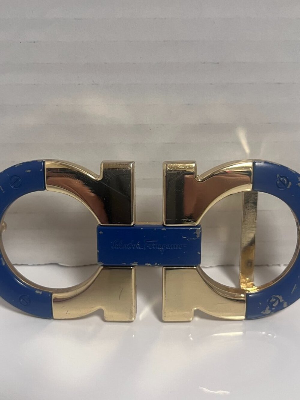 Salvatore Ferragamo Belt Buckle Gold and Navy blue fits belts 1.5” wide used